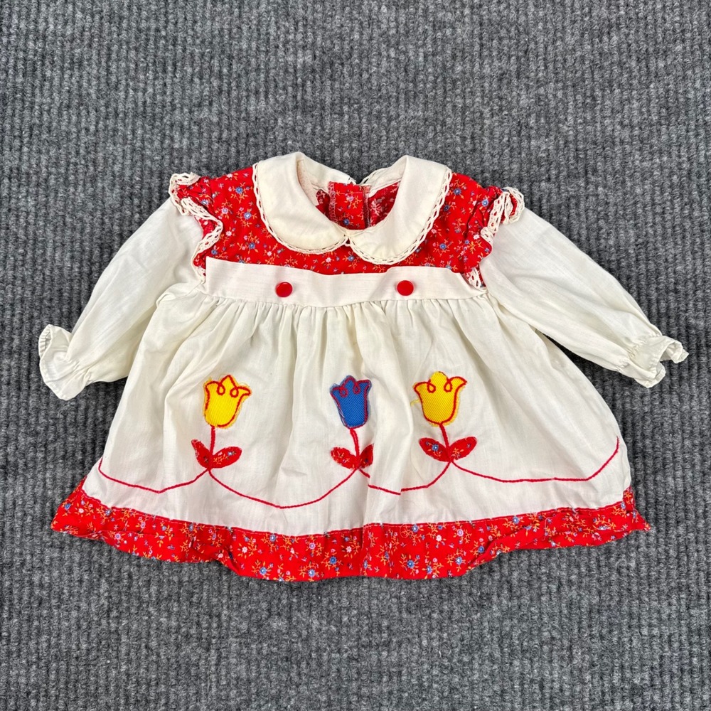 Vintage Baby Girl Red Floral White Tulip Embroidered Lace Trim Dress Long Sleeve
